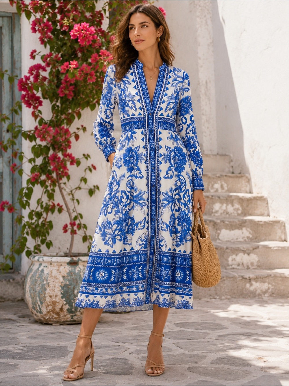 Caroline Constas NWT Floral Linen Blend Midi Dress Hamptons Coastal Chic S